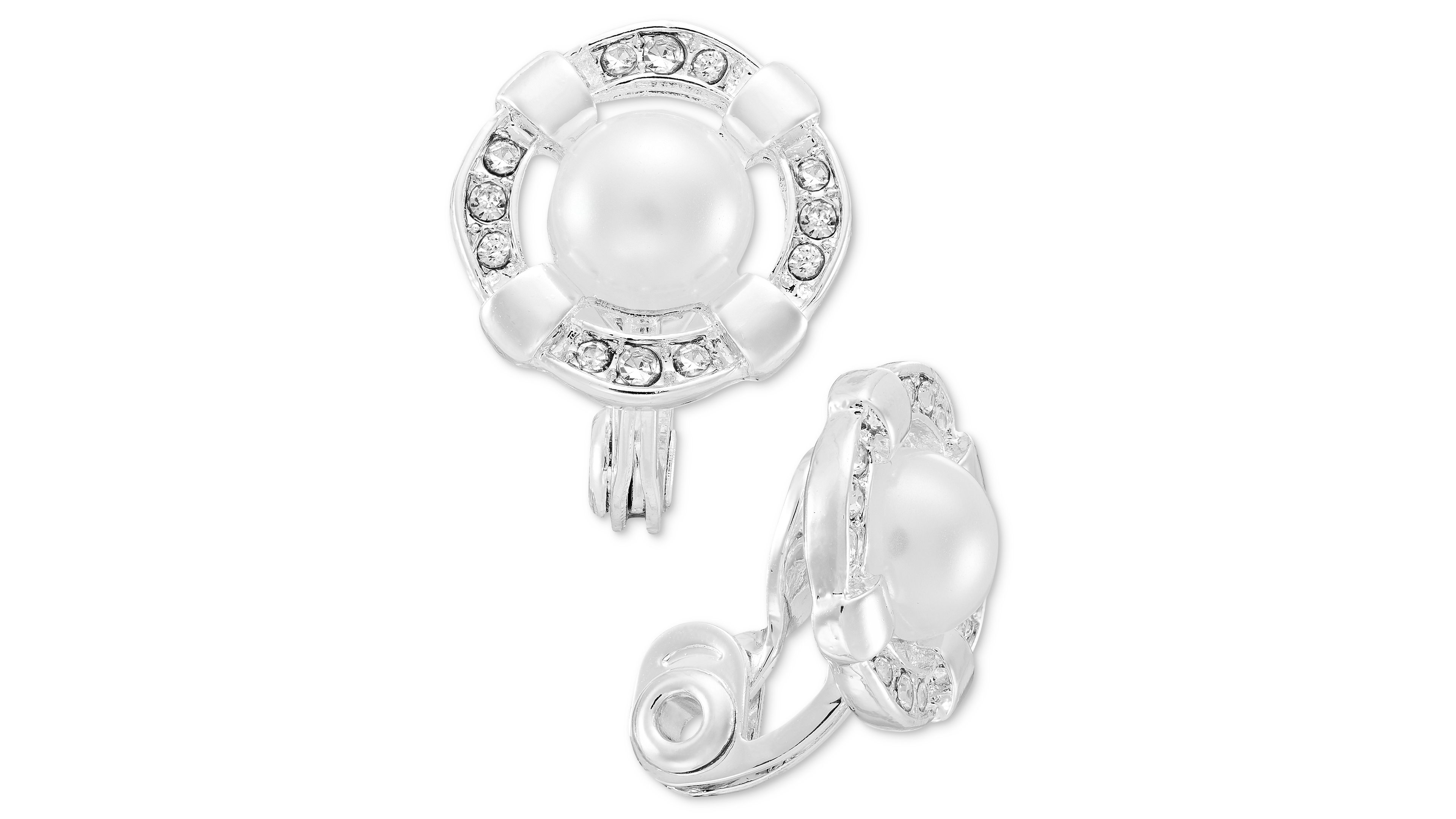 Anne Klein Imitation Pearl & Stone Silver-Tone Openwork Clip Earrings