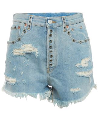 Women's Distressed High-Waisted Embellished Denim Shorts, 7" Inseam