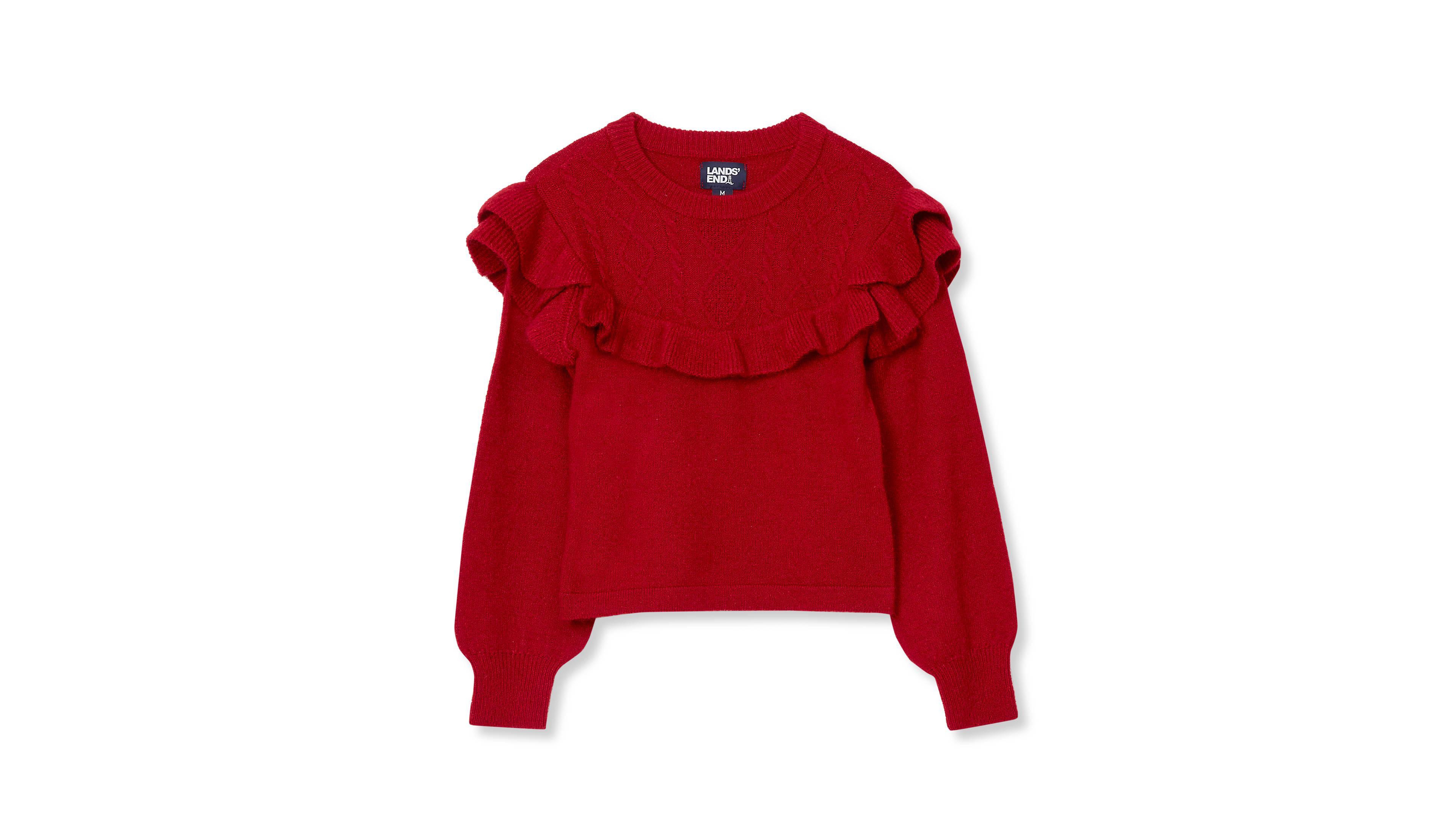 Lands' End Girls' 4-16 Cable-Knit Ruffle Crewneck Sweater