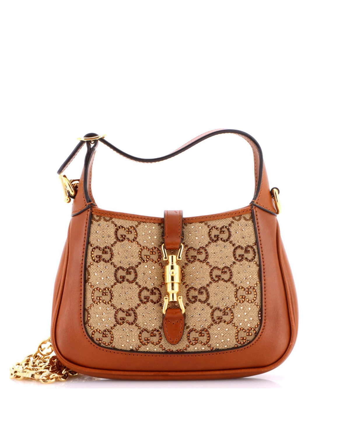 Pre-Owned Gucci Mini Jackie 1961 Chain Hobo Crystal Embellished Gg Canvas - Brown