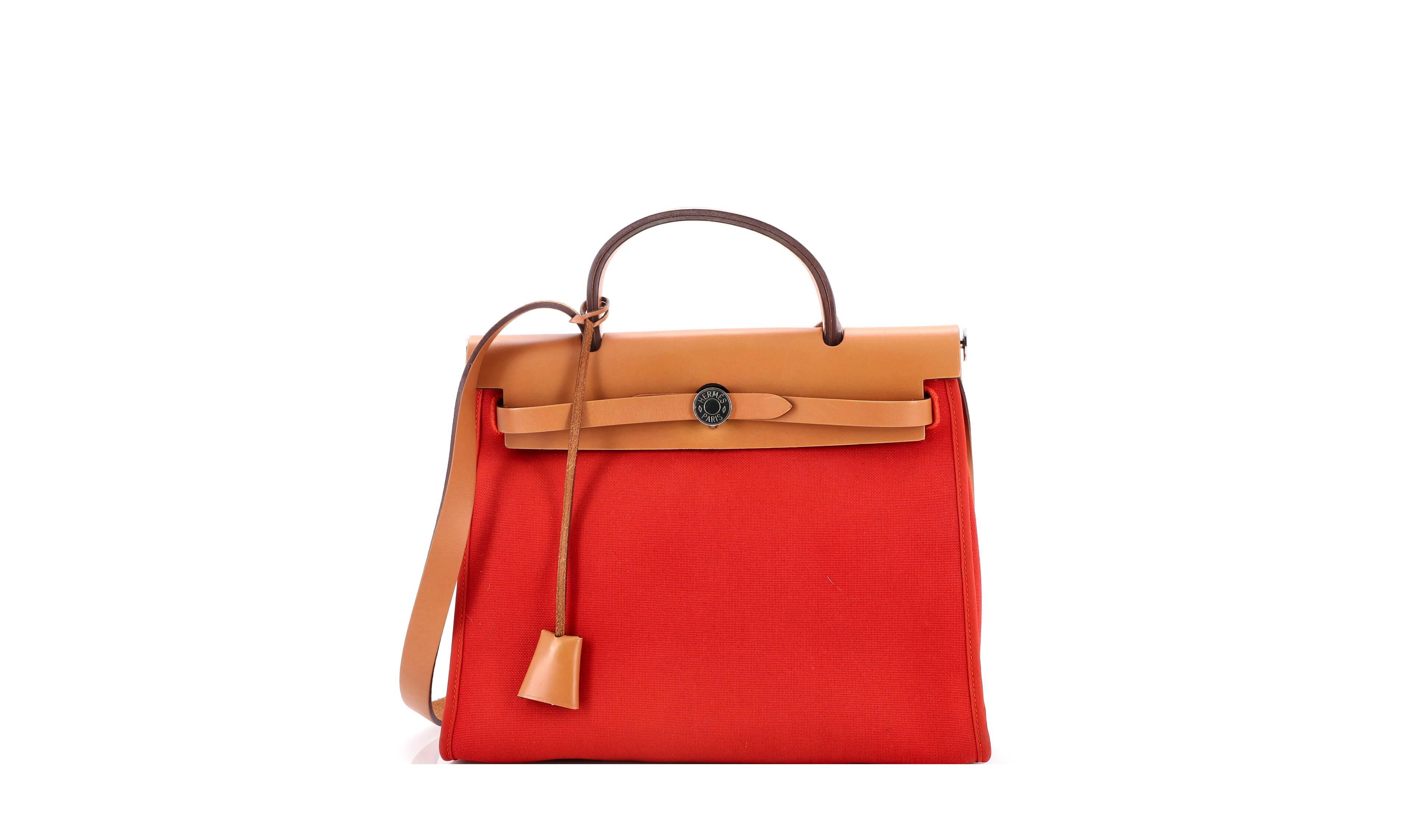 Pre-Owned Hermes Herbag Zip Medium Leather and Canvas Crossbody Shoulder Bag