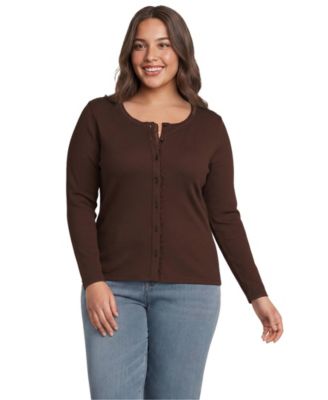 Plus Size Long-Sleeve Ribbed Crewneck Cardigan