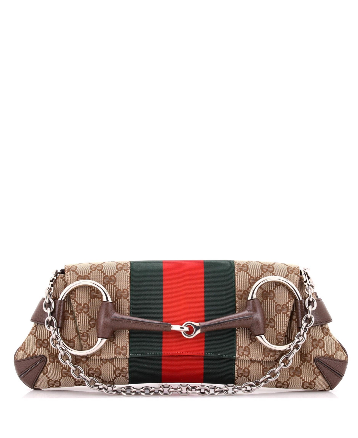 Pre-Owned Gucci Medium Horsebit Nm Web Chain Clutch Gg Canvas - Brown