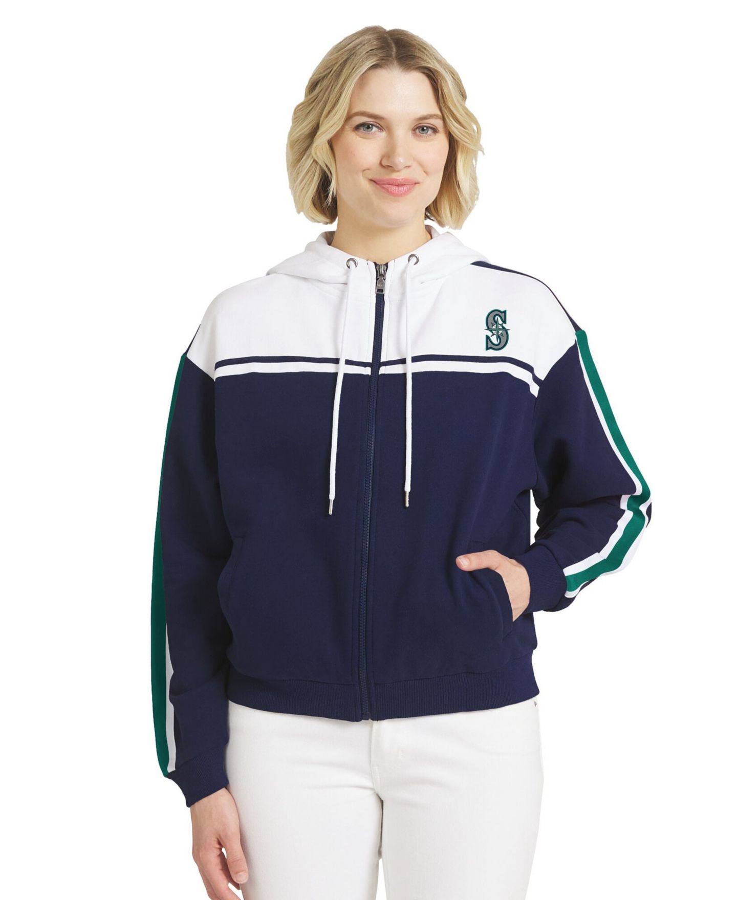 Женское худи WEAR by Erin Andrews Navy/White Seattle Mariners Color Blocked Full-Zip — фото 1
