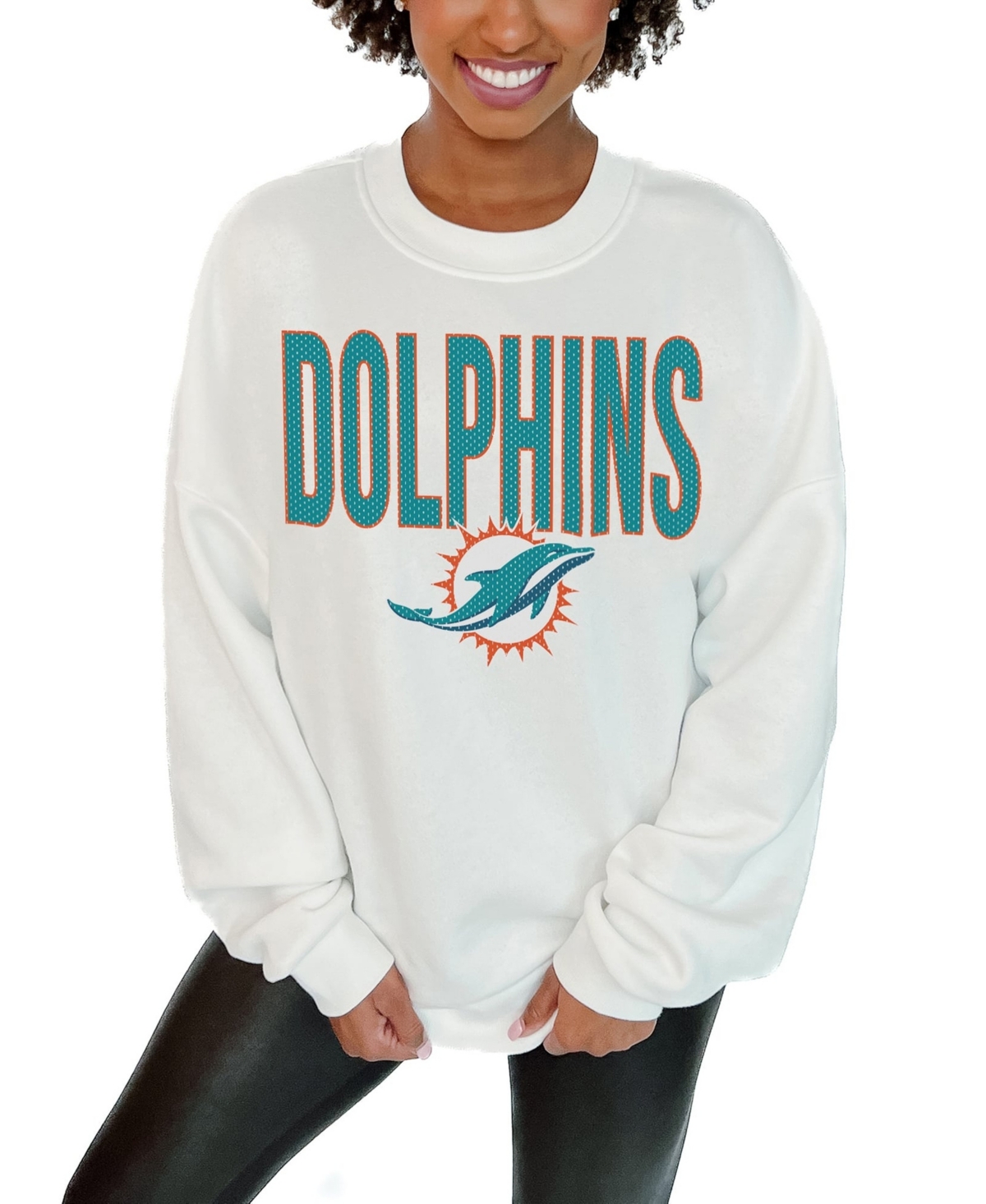 Gameday Couture Women's Miami Dolphins Just Go With It Oversized Screen Print Graphics Long Sleeve Crewneck Sweatshirt - White