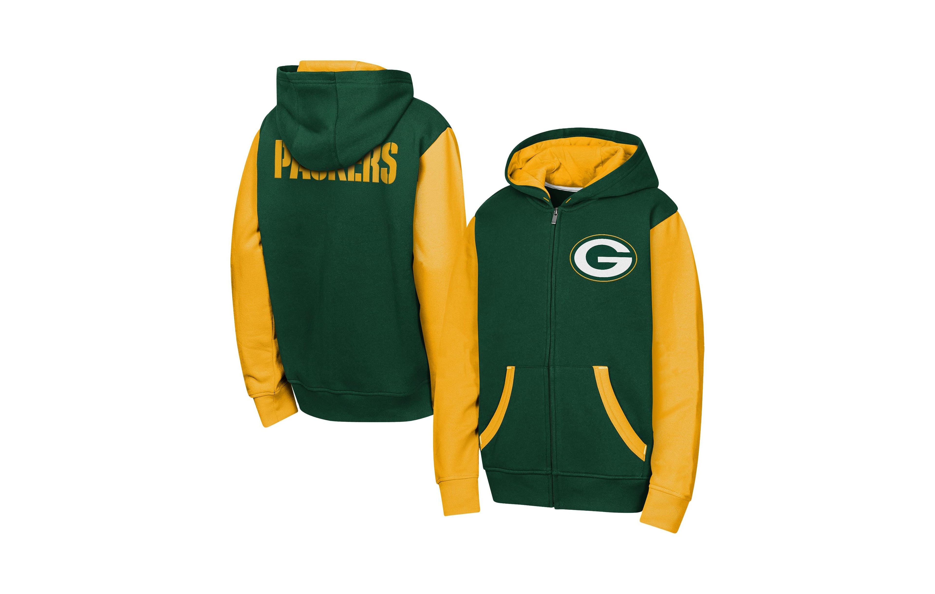 Outerstuff Boys' and Girls' Green Bay Packers Color-Block Full-Zip Hoodie