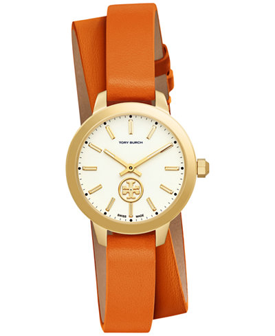 Tory Burch Women's Swiss Collins Orange Leather Wrap Strap Watch 32mm TB1302