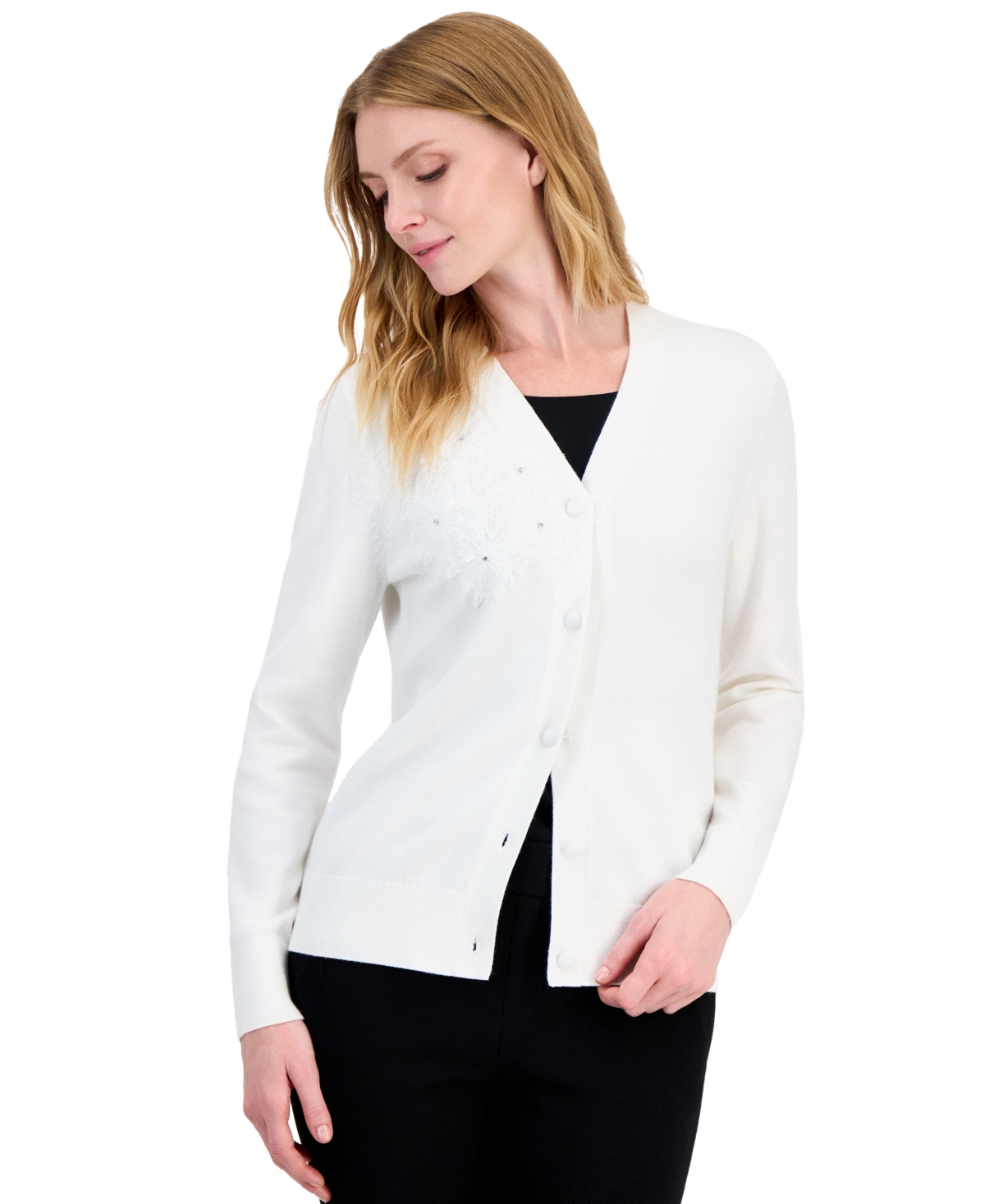 Kasper Petite Long-Sleeve Floral Lace-Applique Button-Up Cardigan