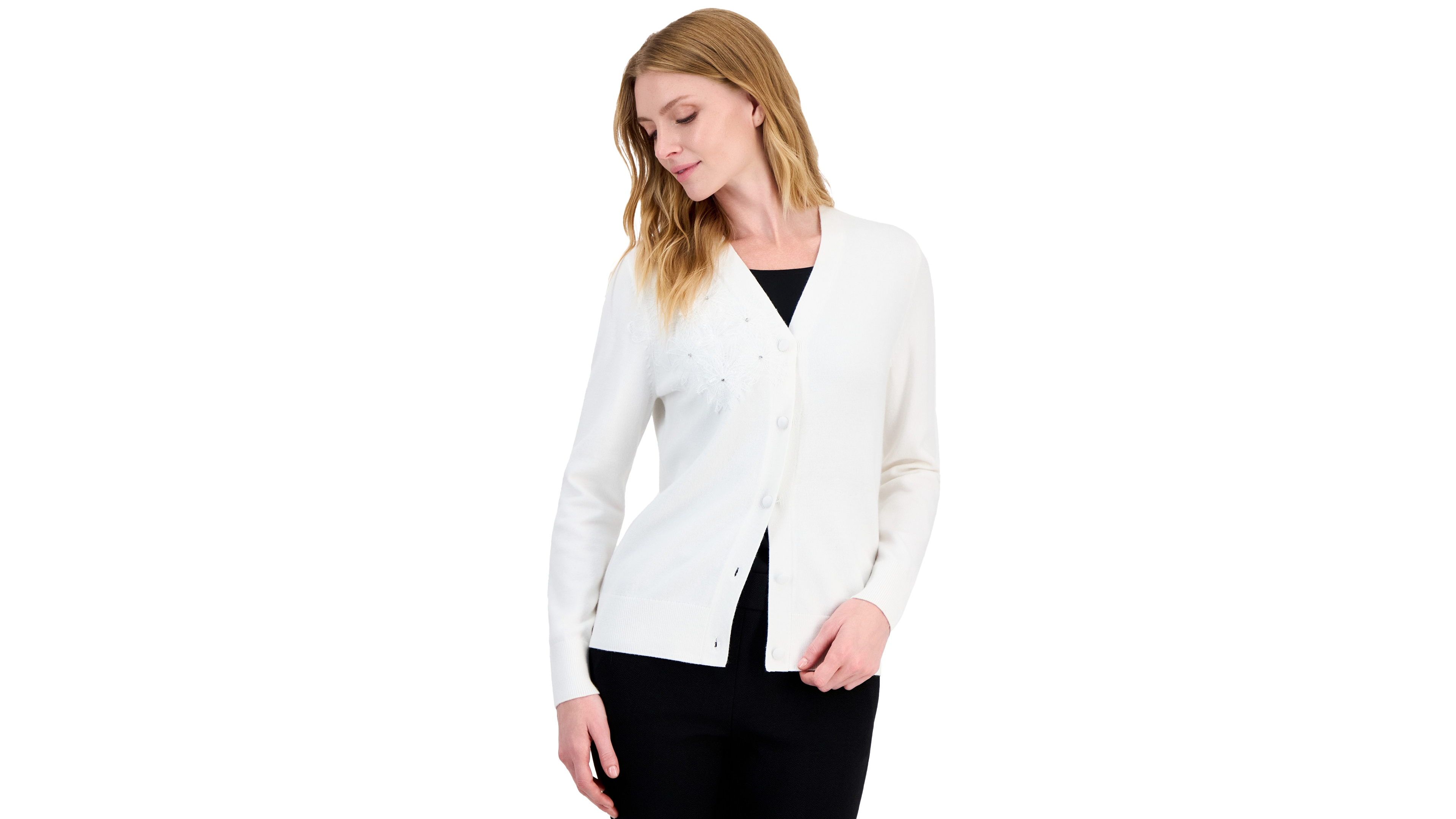 Kasper Petite Long-Sleeve Floral Lace-Applique Button-Up Cardigan