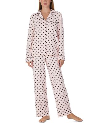 Women's Long-Sleeve Notch Collar Brushed Jersey Top and Pants, 2-Piece Set