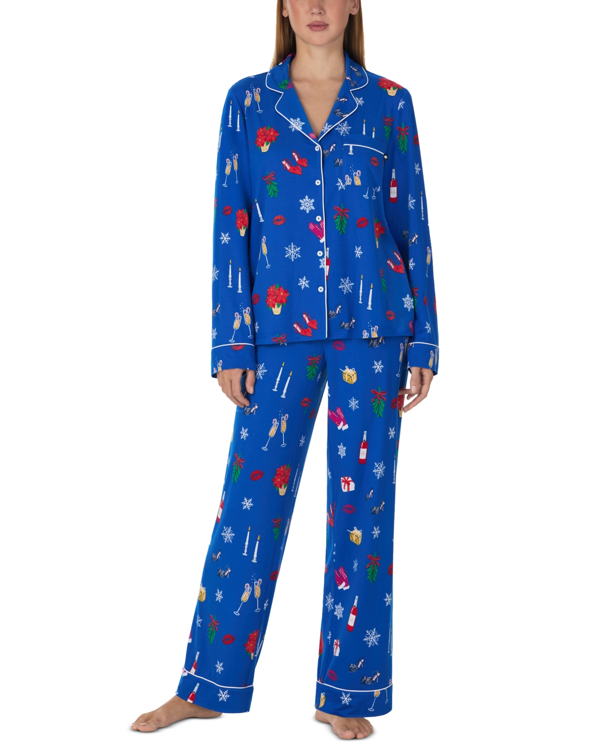 kate spade new york Women's Long-Sleeve Notch Collar Brushed Jersey Long Pant Pajama Set