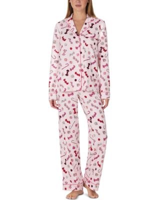 Women's Long-Sleeve Notch Collar Brushed Jersey Long Pant Pajama Set