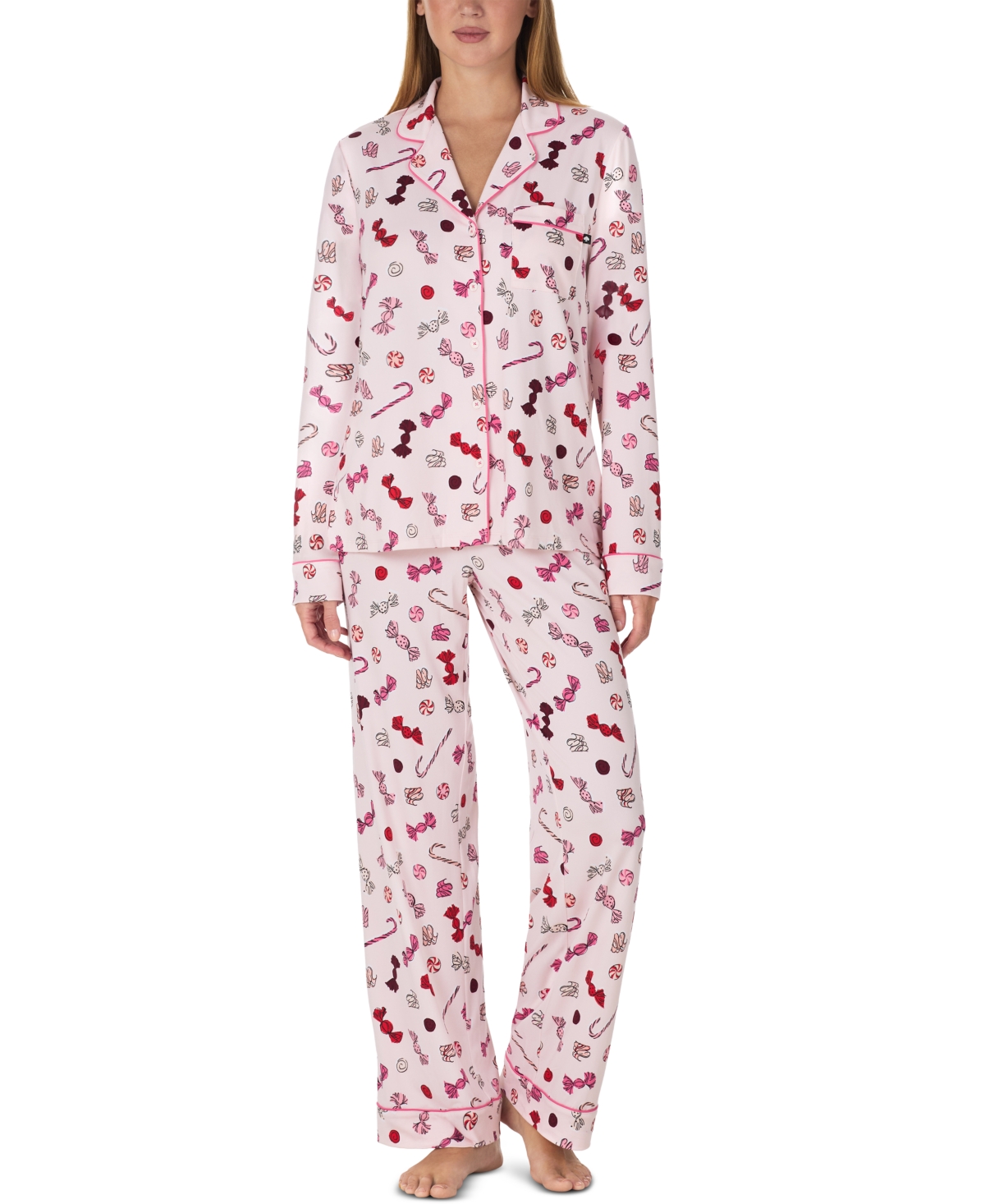 kate spade new york Women's Long-Sleeve Notch Collar Brushed Jersey Long Pant Pajama Set