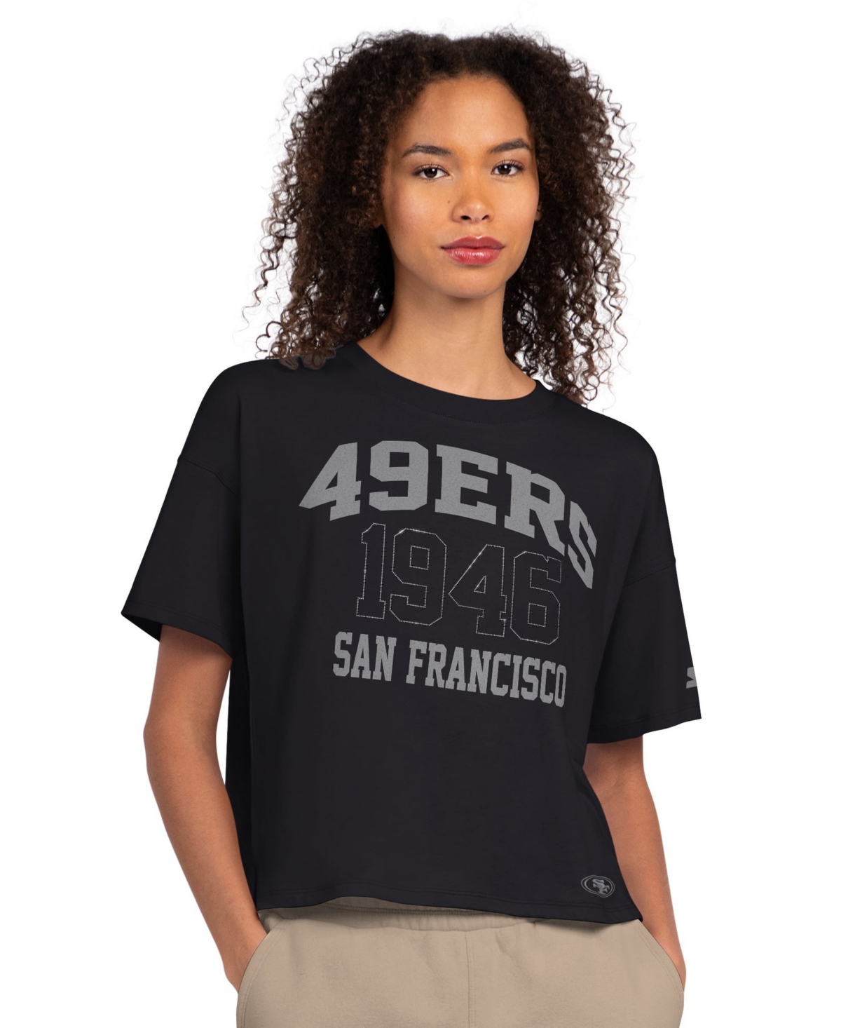 Starter Women's Black San Francisco 49ers Rhinestone Boxy Cropped T-Shirt