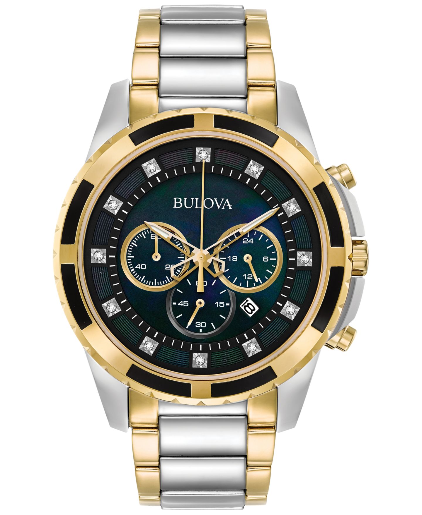 Мужские часы Bulova Chronograph Diamond Accent Two-Tone Stainless Steel Bracelet Watch 44mm 98D132 — фото 1
