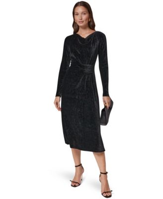 Women's Cowl-Neck Long-Sleeve Velvet A-Line Dress