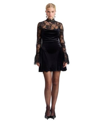 Women's Satin and Lace Twofer Cowl Neck Long-Sleeve Mini Dress