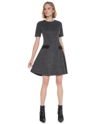 Women's Textured-Knit Short-Sleeve Fit-and-Flare Dress