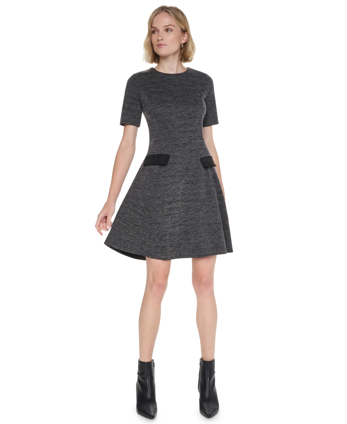 Dkny Women's Textured-Knit Short-Sleeve Fit-and-Flare Dress - Black Multi