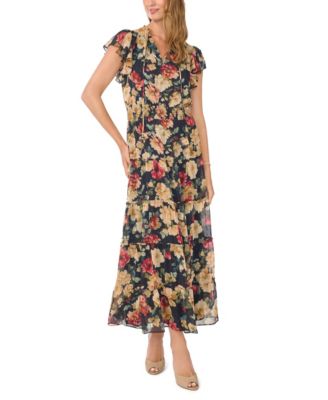 Women's Floral-Print Flutter-Sleeve Tiered Maxi Dress