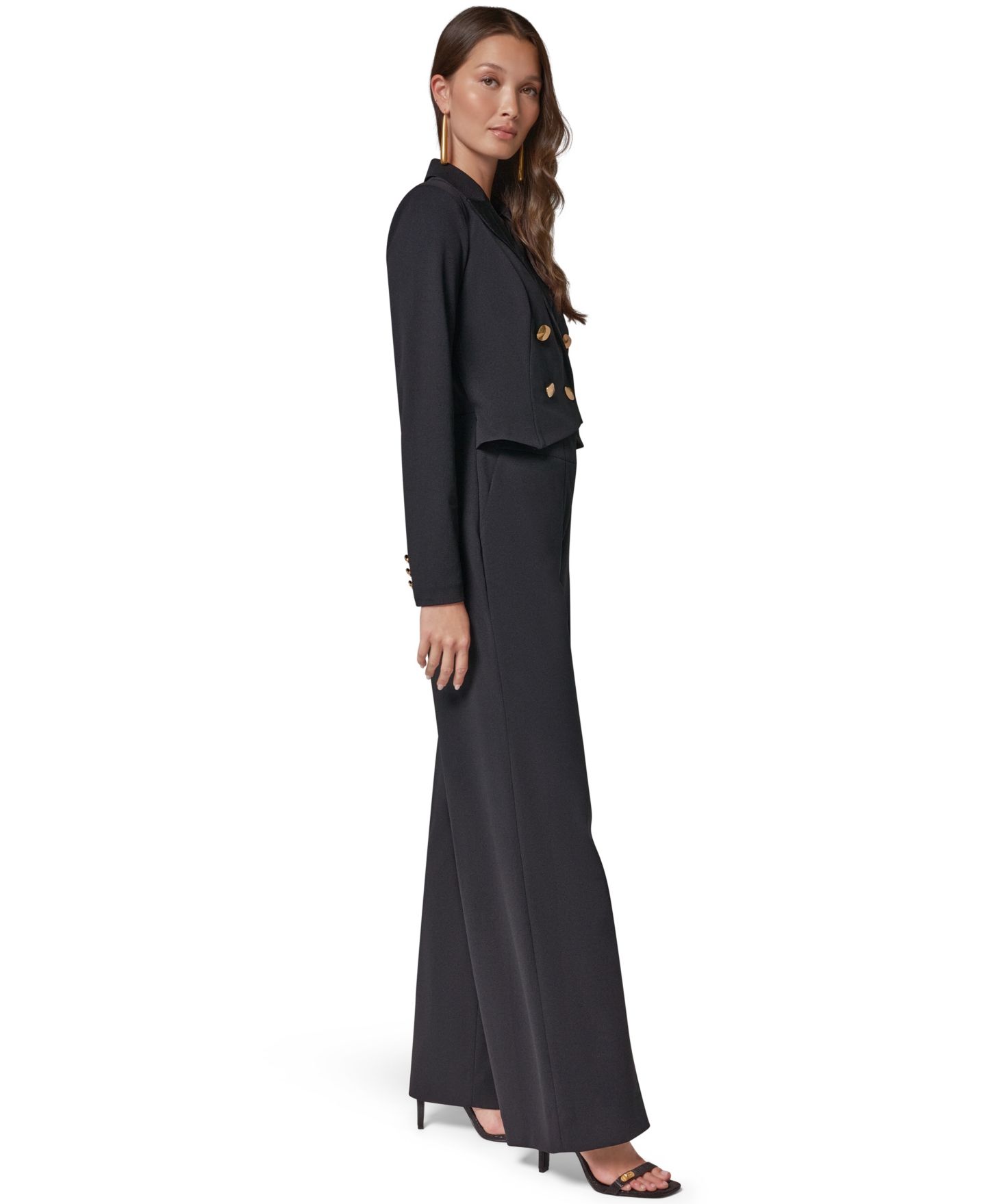 Женский комбинезон Donna Karan New York Satin Lapel Long-Sleeve Double-Breasted Wide-Leg Jumpsuit, цвет: Чёрный — фото 3