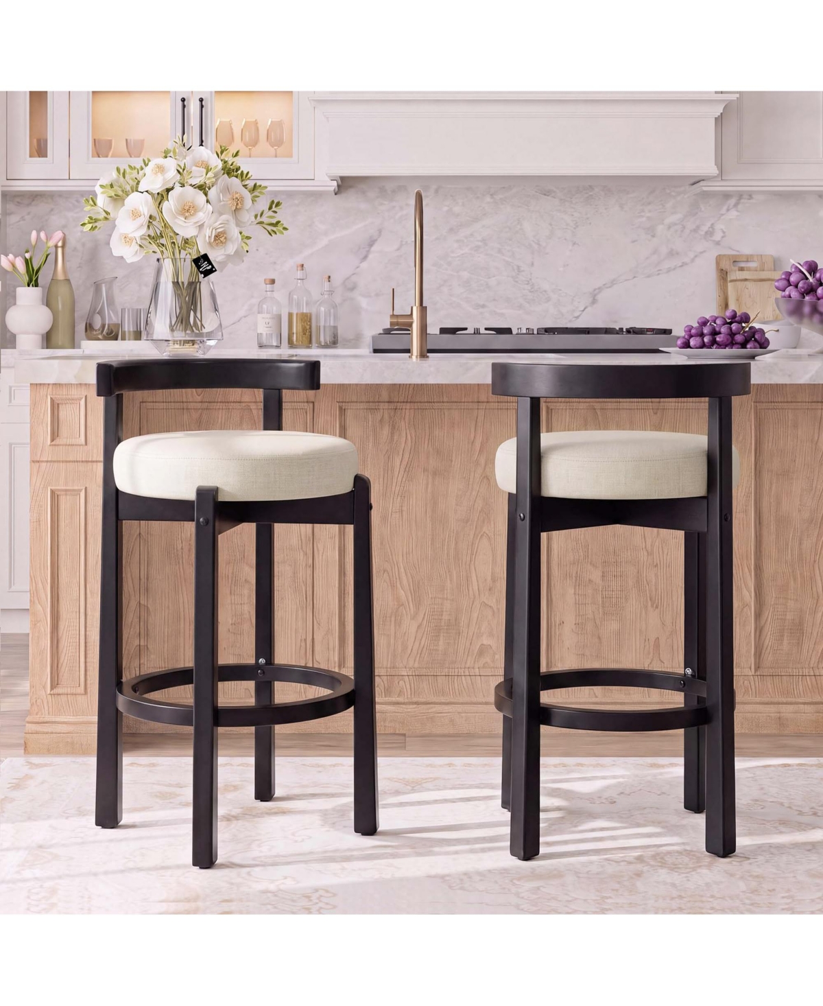 homfan Linen Bar Stools Set of 2, 31" Pub Height with Footrest, Curved Back and Solid Wood Legs, Upholstered Chairs for Kitchen Dining Room
