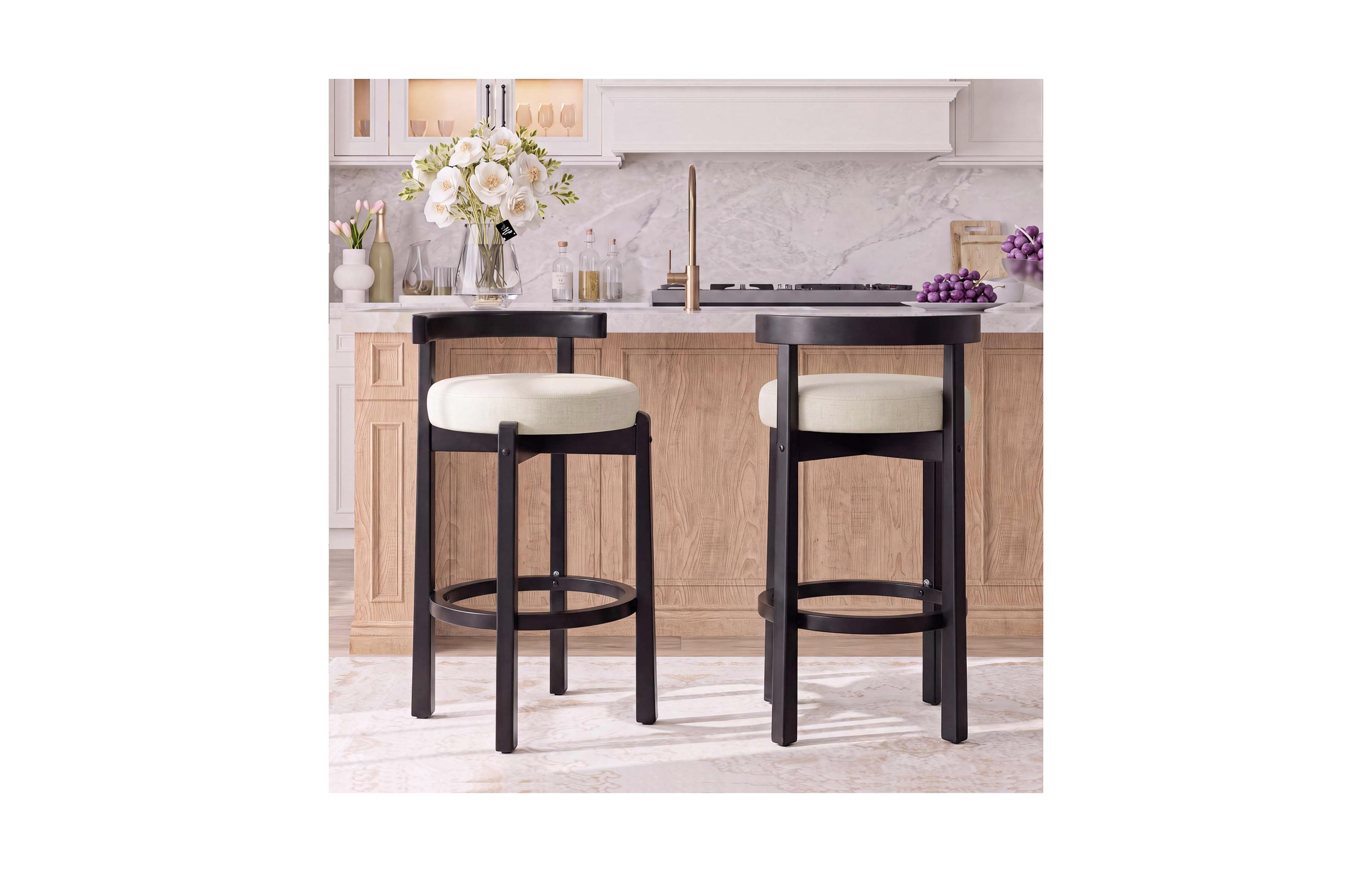 homfan Linen Bar Stools Set of 2, 31" Pub Height with Footrest, Curved Back and Solid Wood Legs, Upholstered Chairs for Kitchen Dining Room