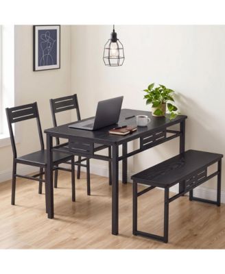 4-Piece Dining Table Set for 4 with Bench and 2 Chairs Metal Frame MDF Wood Grain for Small Kitchen Apartment
