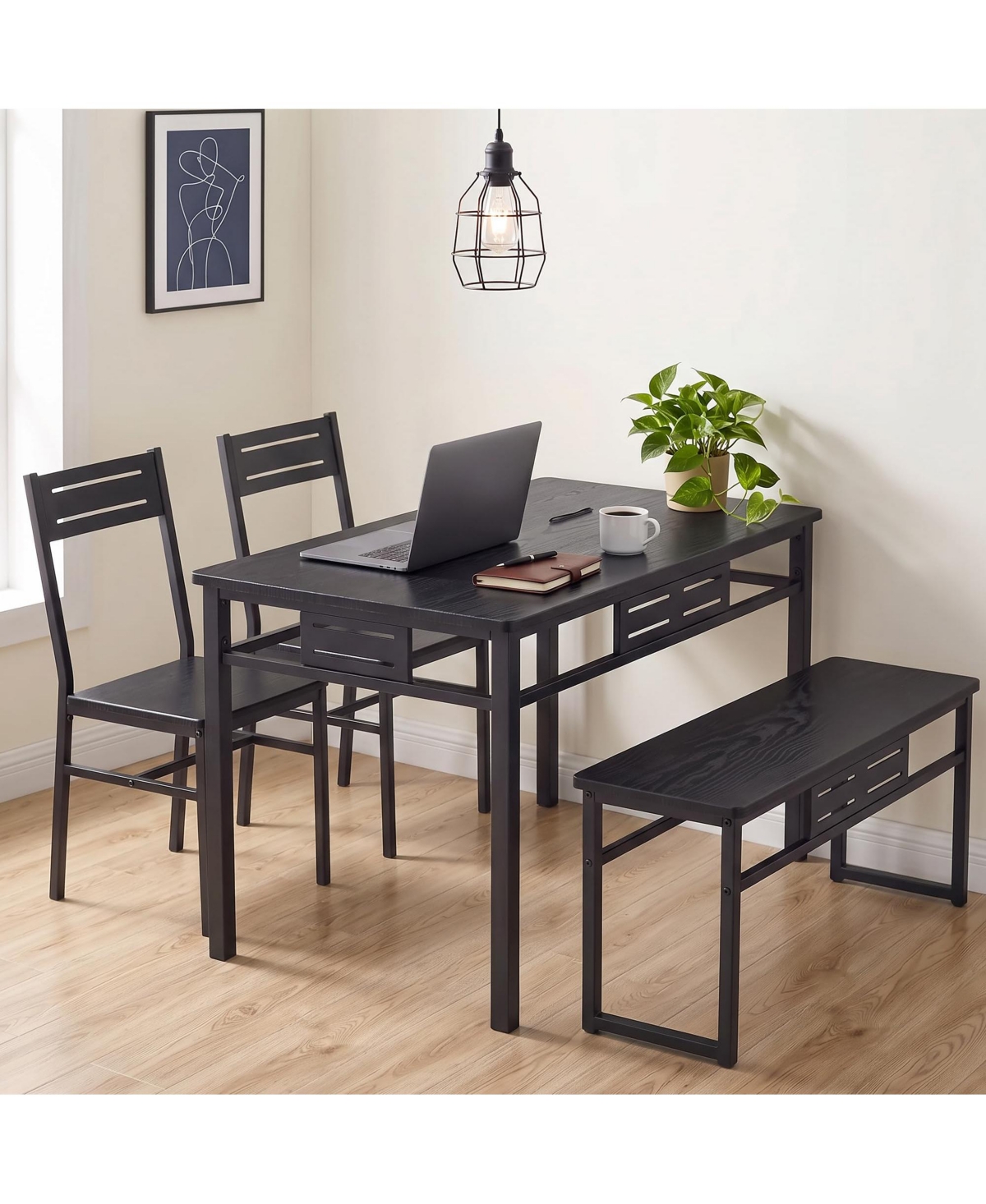 homfan 4-Piece Dining Table Set for 4 with Bench and 2 Chairs Metal Frame Mdf Wood Grain for Small Kitchen Apartment - Black