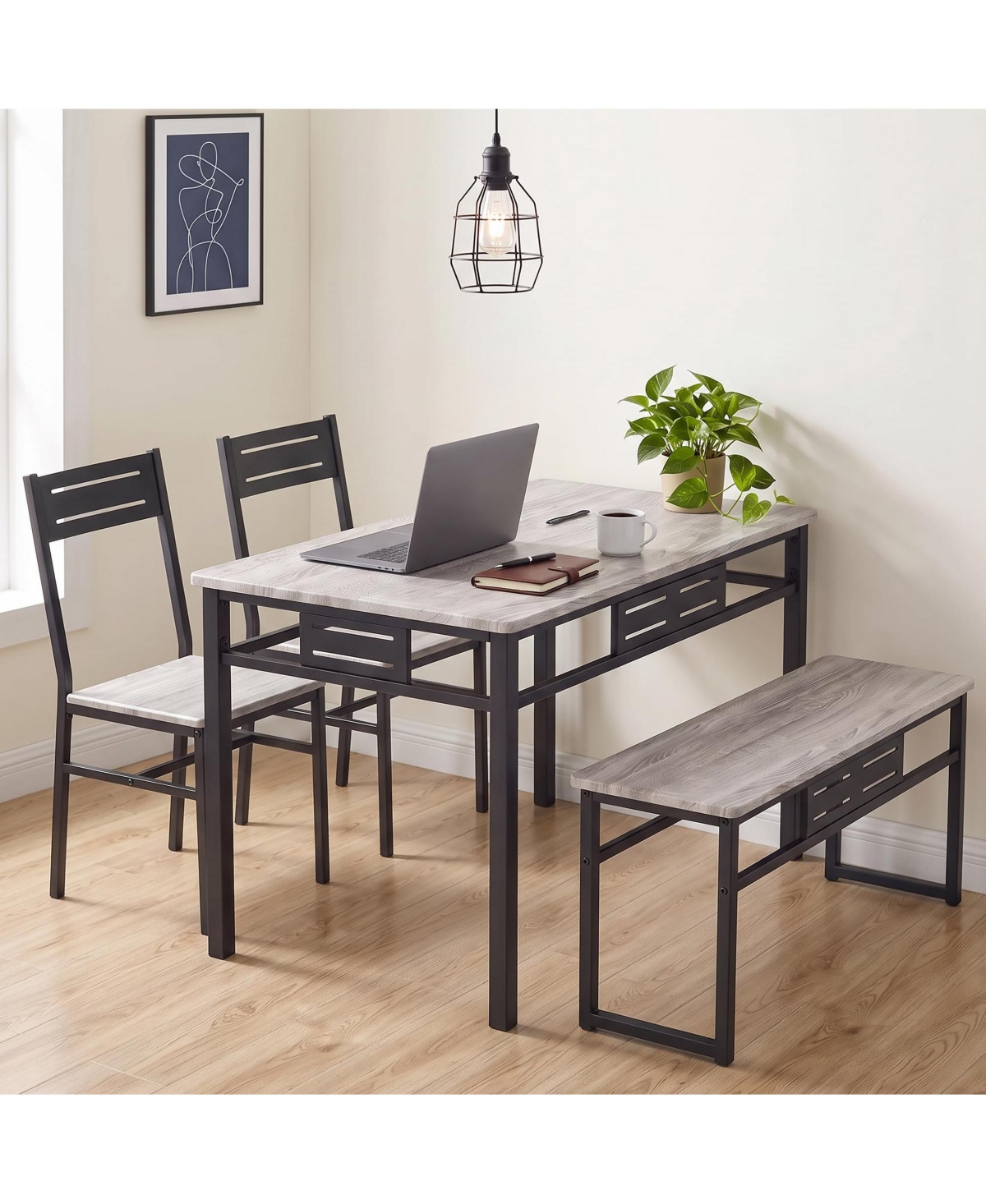 homfan 4-Piece Dining Table Set for 4 with Bench and 2 Chairs Metal Frame Mdf Wood Grain for Small Kitchen Apartment - Grey