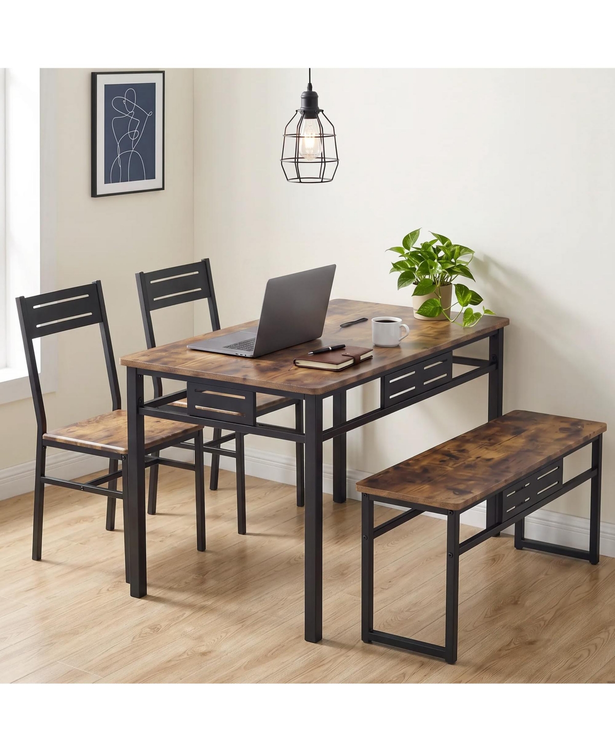 homfan 4-Piece Dining Table Set for 4 with Bench and 2 Chairs Metal Frame Mdf Wood Grain for Small Kitchen Apartment - Brown
