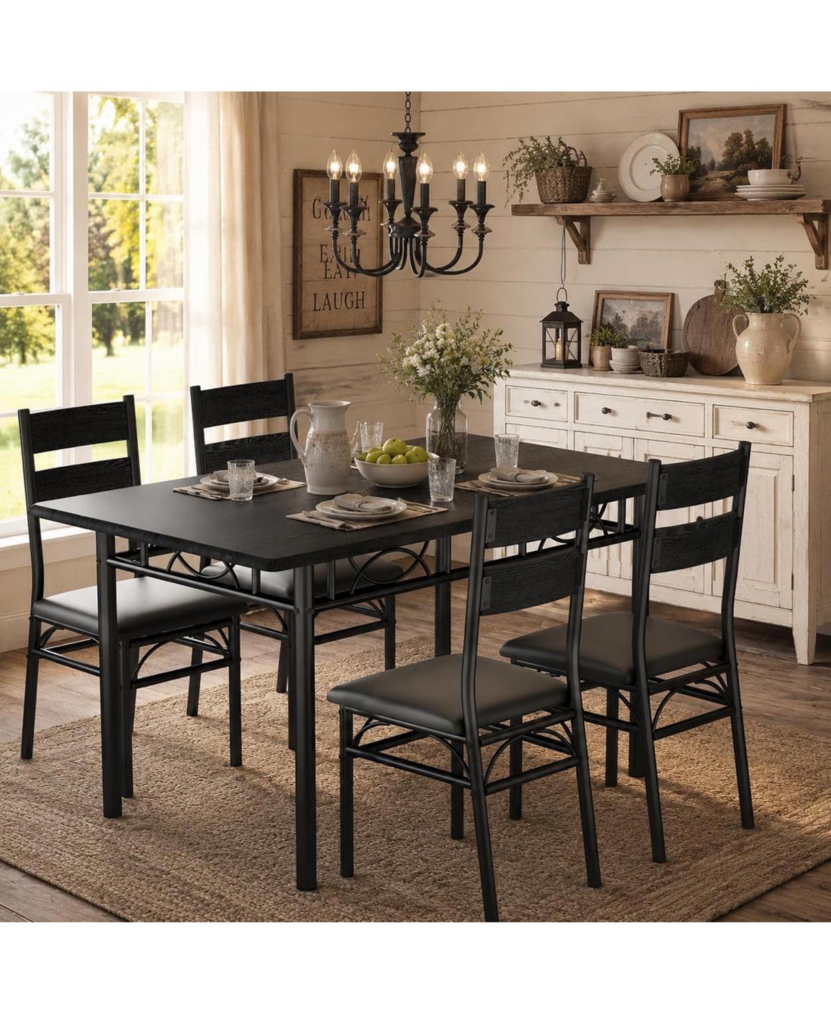 homfan 5-Piece Rectangular Dining Table Set for 4, Wood and Metal Frame with Upholstered Chairs, Rustic Industria