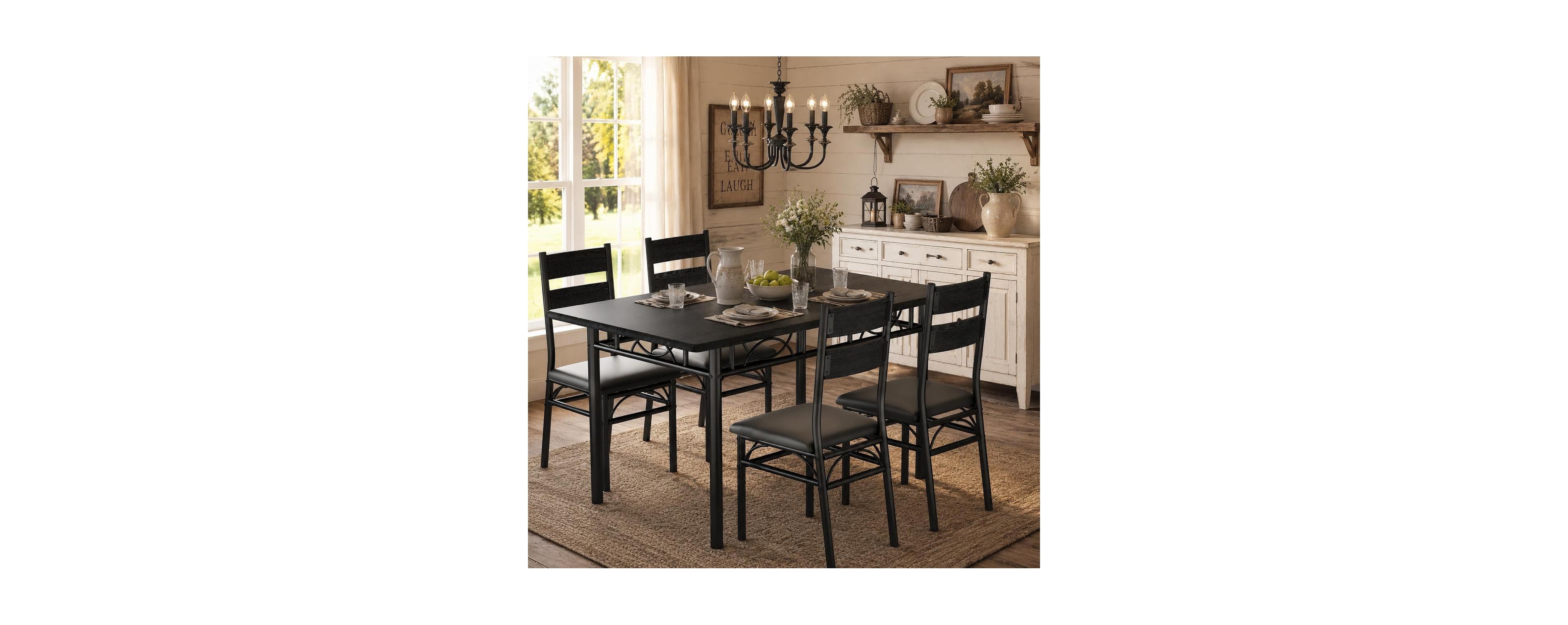 homfan 5-Piece Rectangular Dining Table Set for 4, Wood and Metal Frame with Upholstered Chairs, Rustic Industria