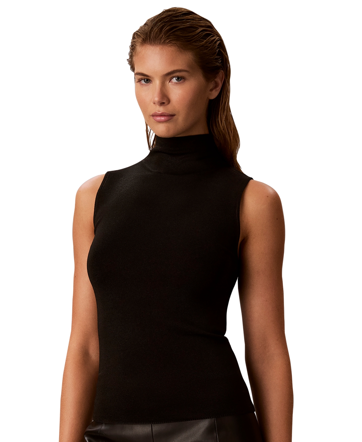 Calvin Klein Women's Cutaway Sleeveless Mock Neck Fitted Sweater