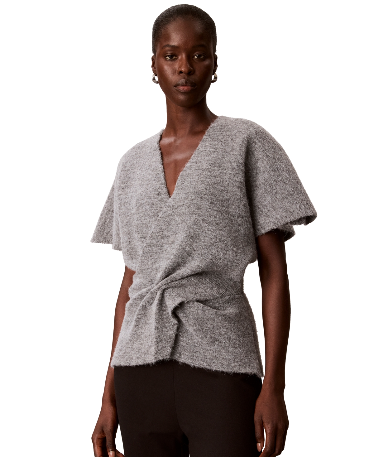 Calvin Klein Women's Twist-Knot V-Neck Short-Sleeve Sweater - Medium Heather Grey