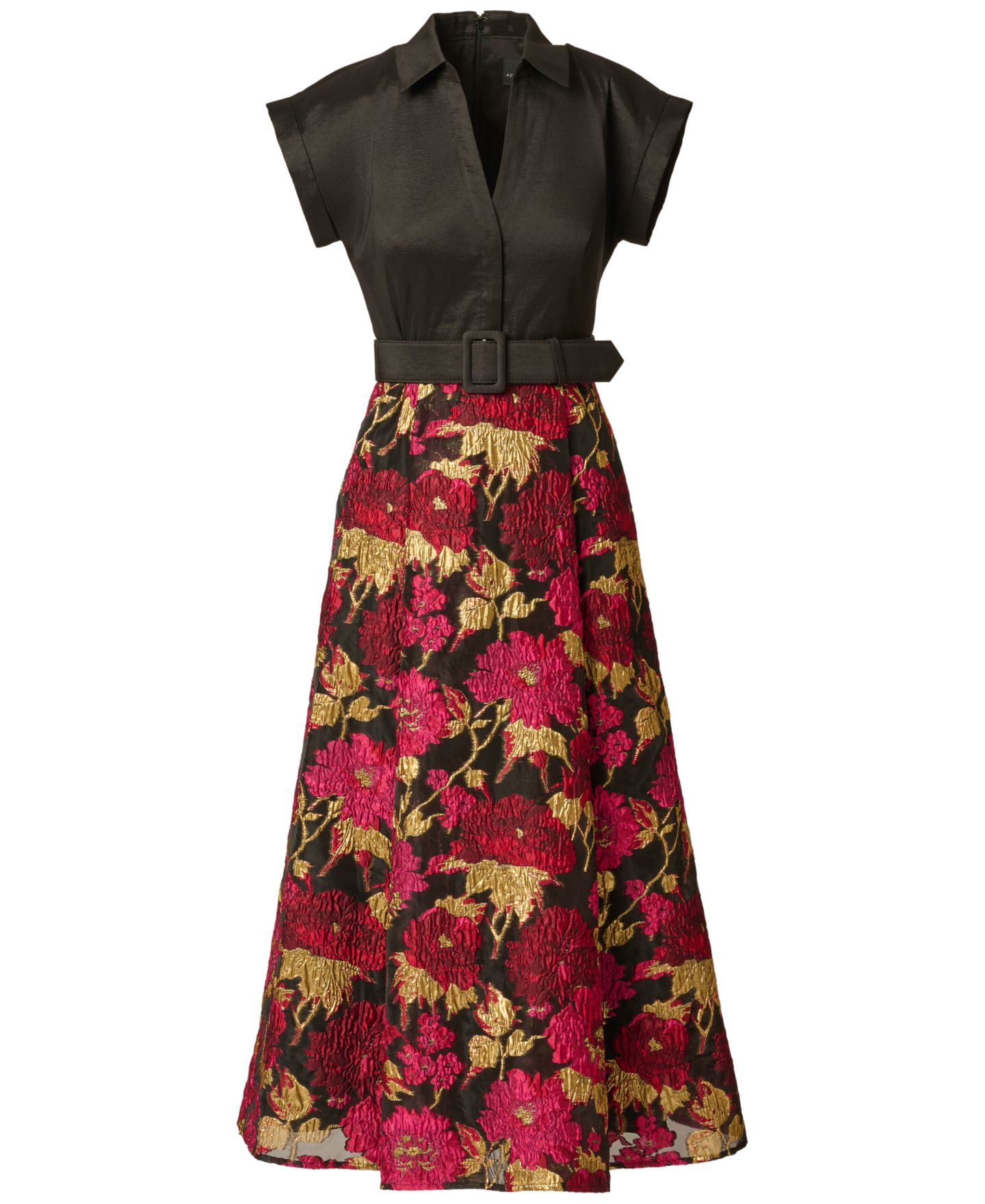Женское платье Adrianna Papell Petite Floral-Print A-Line Midi Shirt Dress, цвет: Чёрный розовый разноцветный — фото 4
