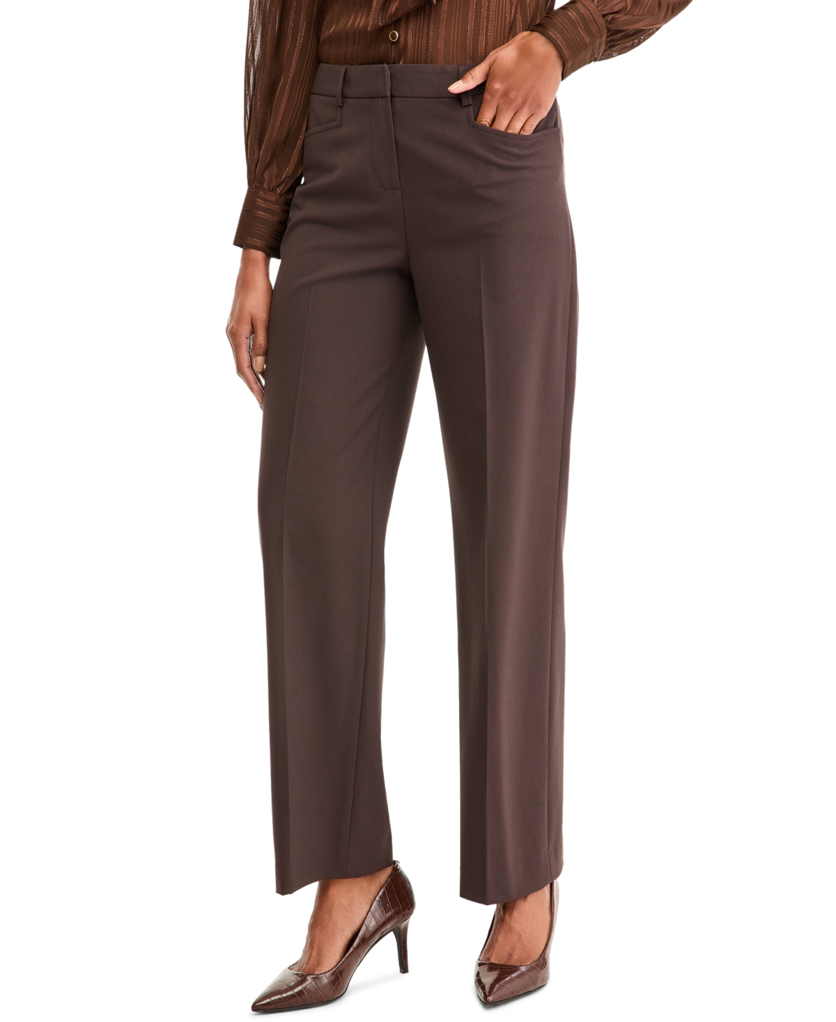 Tahari Petite Bird Eye Bird's-Eye-Texture Flare-Leg Pants
