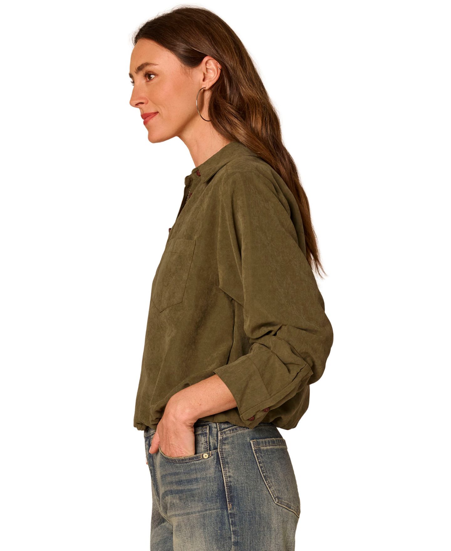 Женский топ Democracy Spread-Collar Button-Front Top, цвет: Тёмно-зелёный мох — фото 3