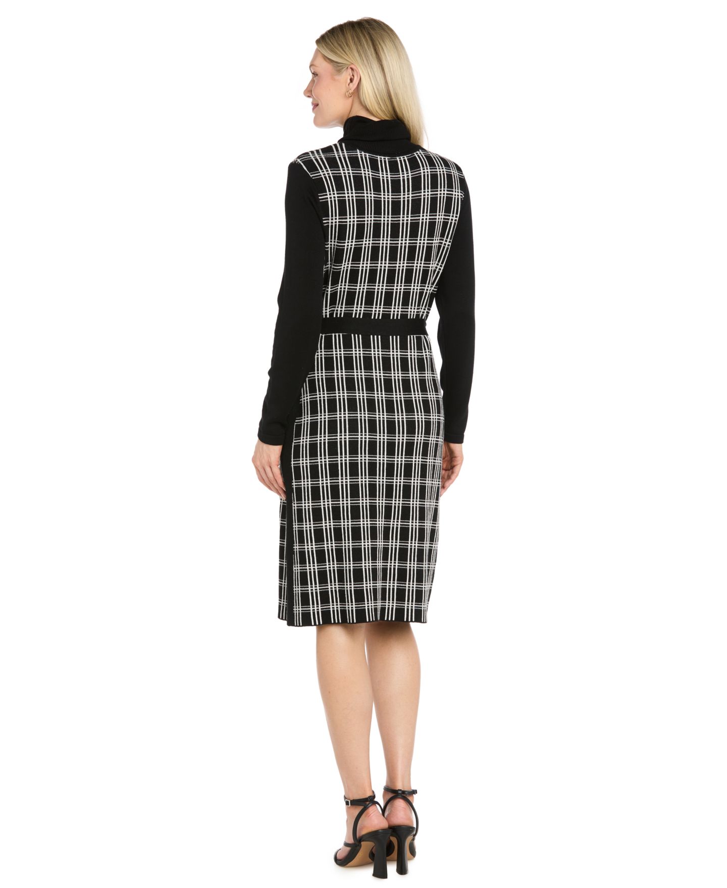 Женское платье R & M Richards Shift Windowpane Long-Sleeve Belted Turtleneck Sweater Dress, цвет: Чёрный белый — фото 3
