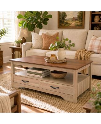 Farmhouse Coffee Table with 2 Drawers and Open Shelf Storage, Wood  Rectangular Center Table for Living Room