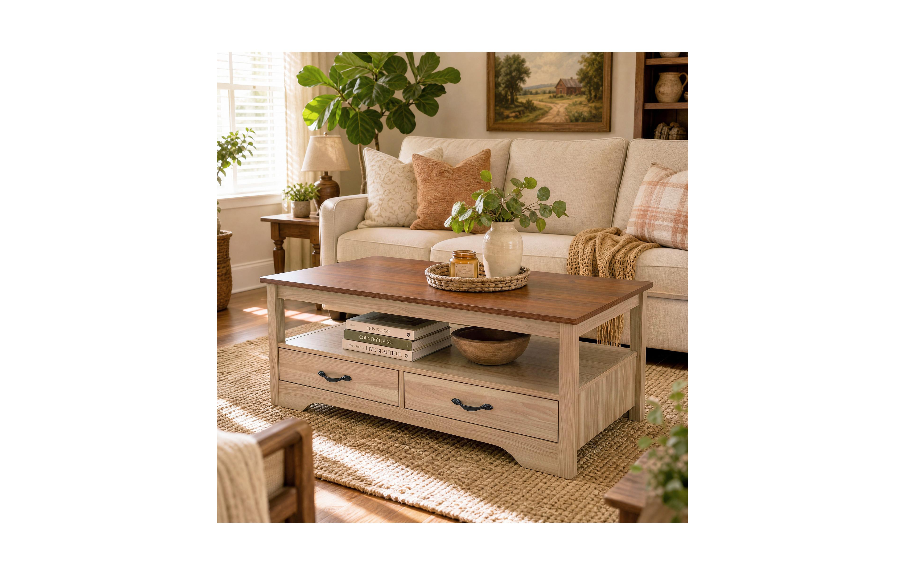 gaomon Farmhouse Coffee Table with 2 Drawers and Open Shelf Storage, Wood Rectangular Center for Living Room