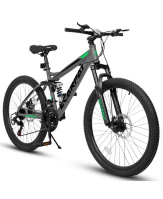 24 Inch Mountain Bike with Full Suspension,21 Speed Shifter Lever with Gear Indicator,High Carbon Steel Frame,Mechanical Disc Brakes.
