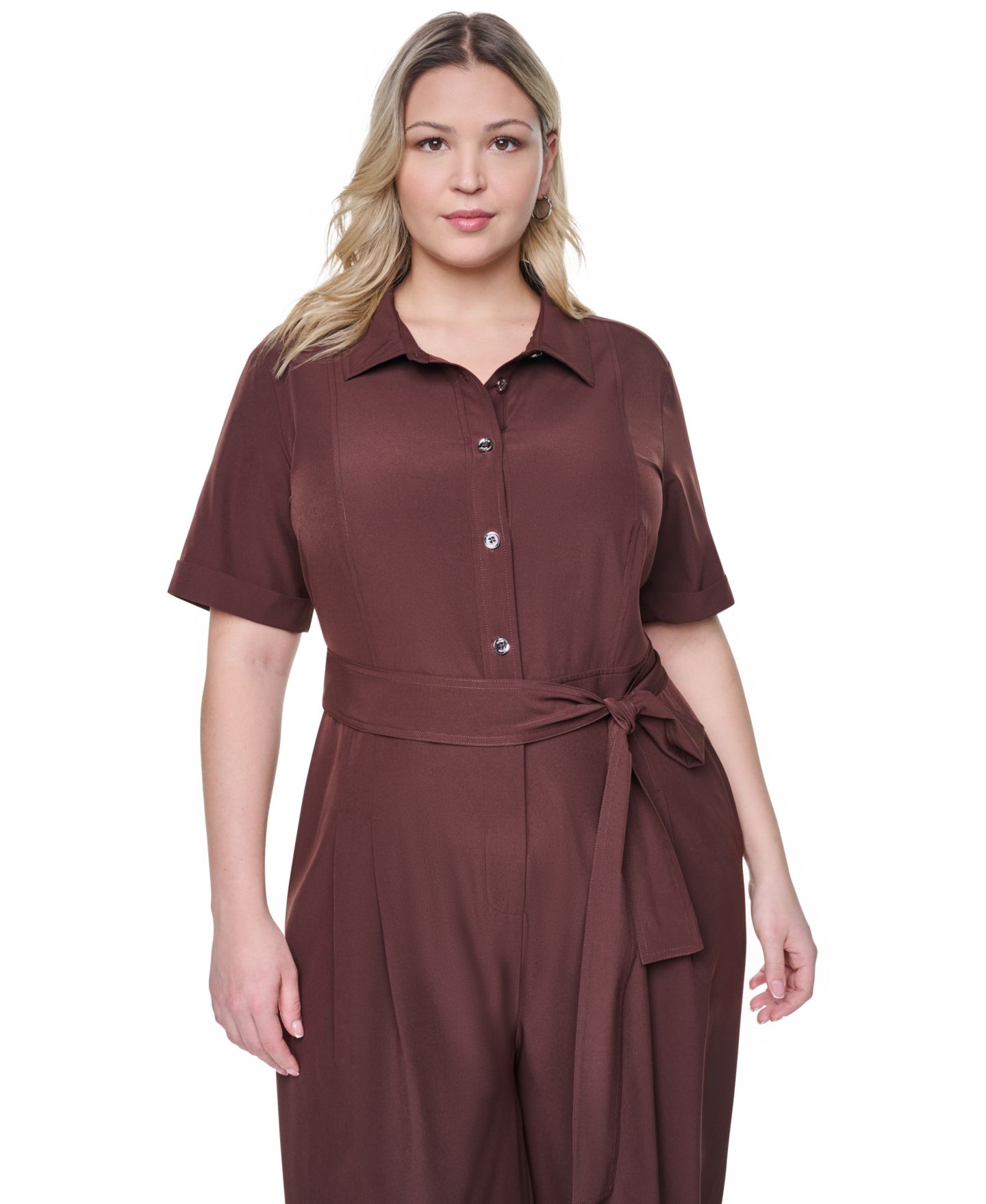 Женский комбинезон DKNY Plus Size Wide-Leg Short-Sleeve Tie Belt Jumpsuit, цвет: Java — фото 3