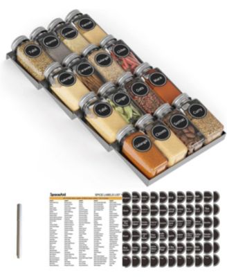 Spice Drawer Organizer with 16 Glass Spice Jars, 386 Labels, for Kitchen Drawers