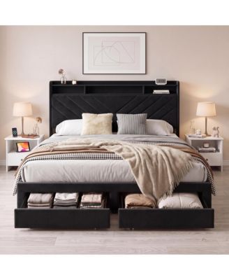 Soft Velvet Upholstered Platform Bed Frame With Charging Station And 2 Storage Drawers, 52 Inch Two Tier Storage Headboard, Easy Assembly
