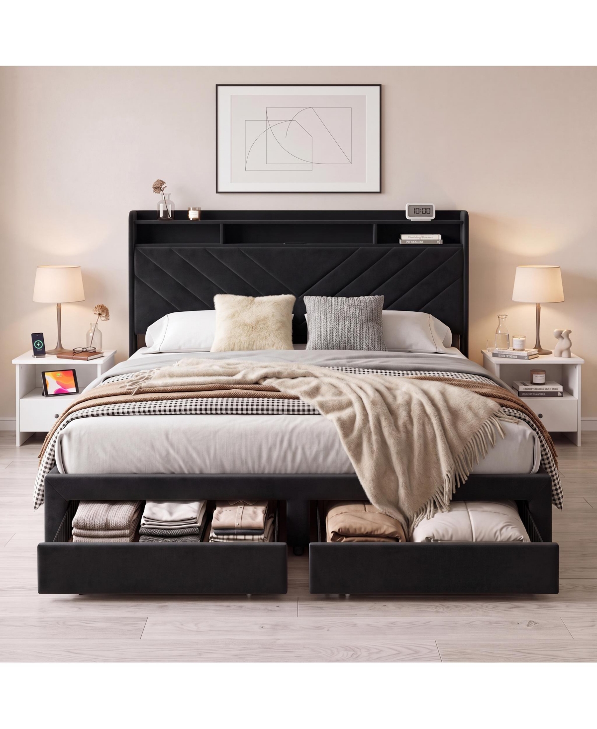Gaomon Soft Velvet Upholstered Platform Bed Frame With Charging Station And 2 Storage Drawers, 52 Inch Two Tier Headboard