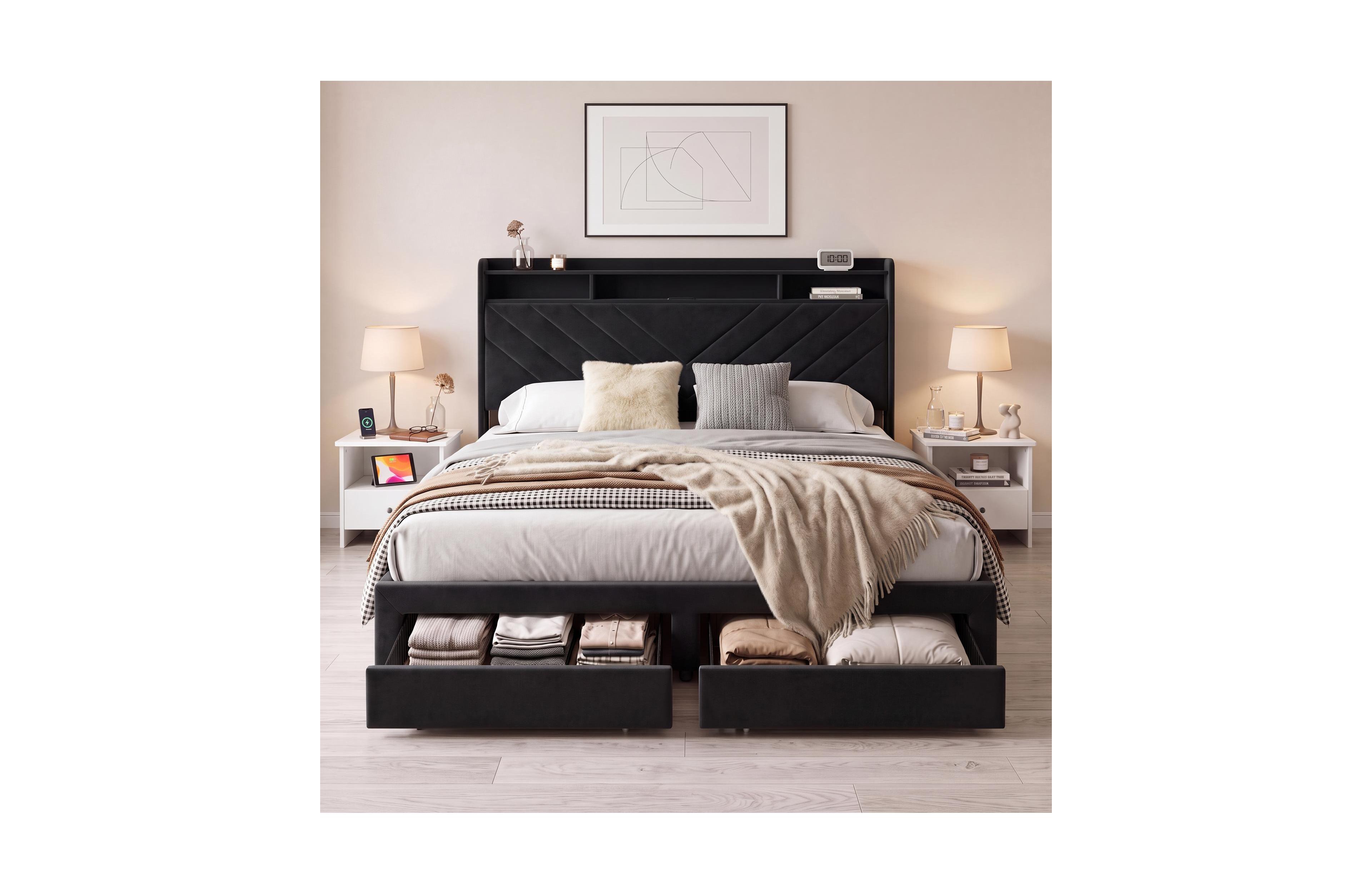 Gaomon Soft Velvet Upholstered Platform Bed Frame With Charging Station And 2 Storage Drawers, 52 Inch Two Tier Headboard