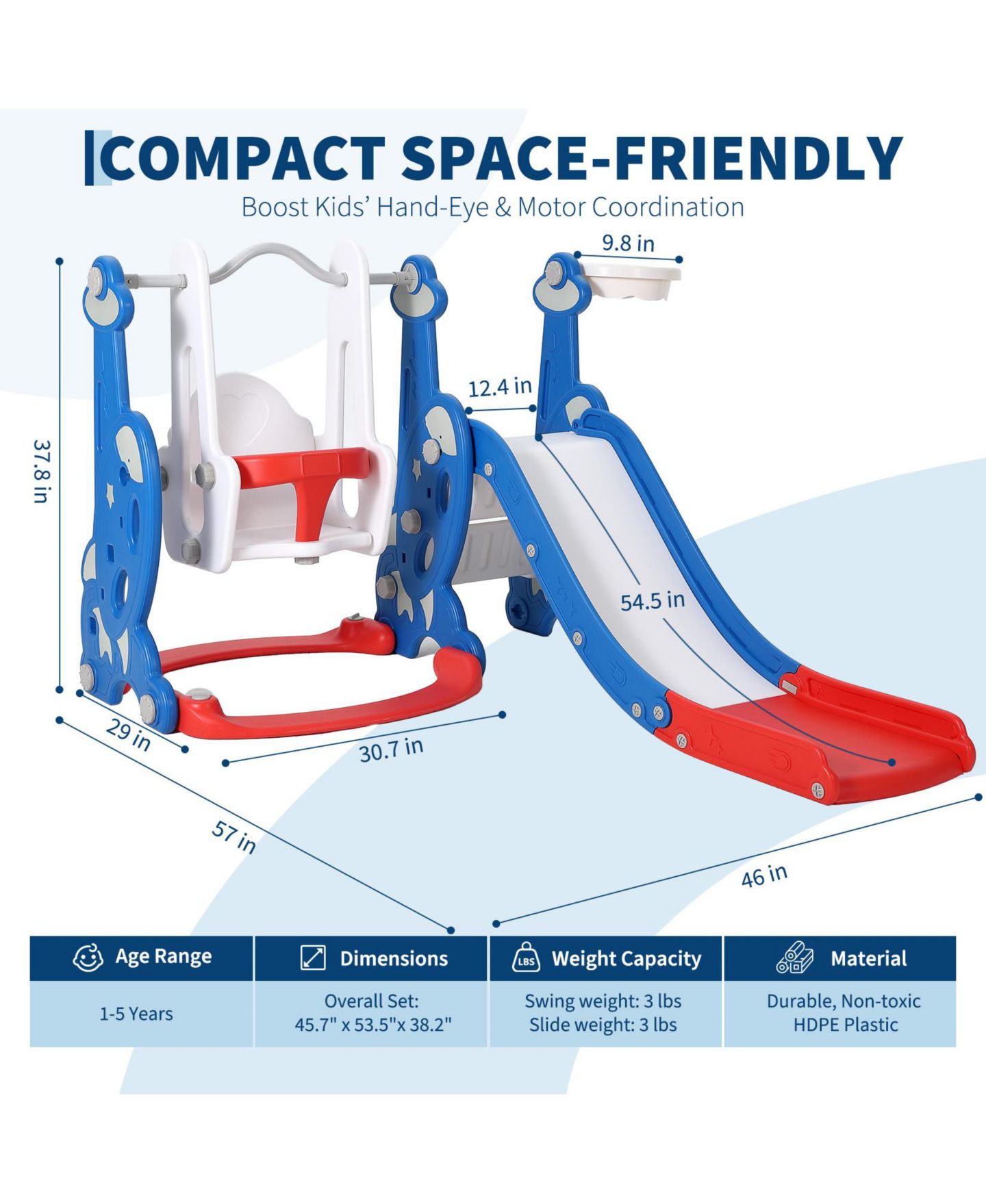 Детский игровой набор homfan Multi-Function Indoor Slide and Swing Play Set with Basketball Hoop, Ages 1+, цвет: Синий — фото 2