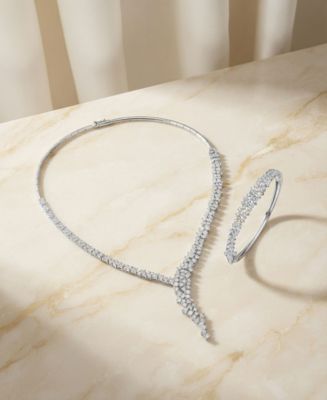 Sterling Silver Cubic Zirconia Asymmetrical Cluster Necklace & Bangle Bracelet - Jewelry Collection