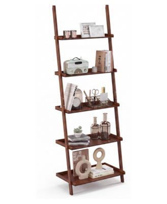 5 Tier Bamboo Ladder Shelf Wall Leaning Bookshelf Display Bookcase Storage Rack